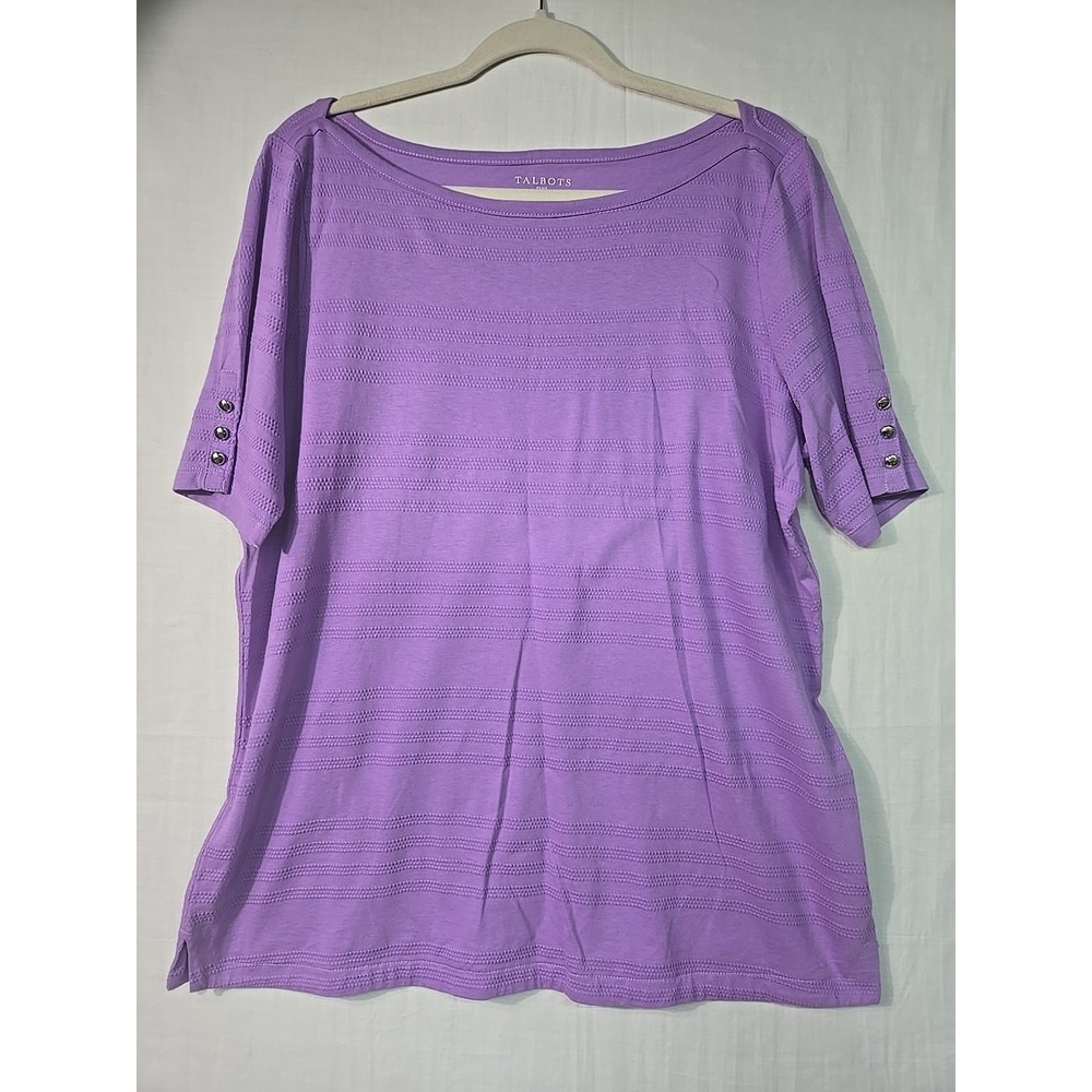 Talbots Women's X Plus Purple Short Sleeve Cotton Top Silver Button Details‎